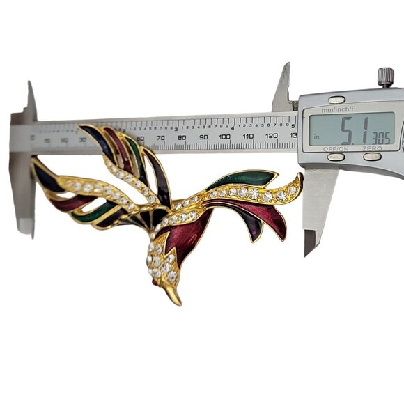 Gold Tone Enamel Clear Rhinestone Statement Large Paradise Bird Brooch, K203 - Picture 7 of 8